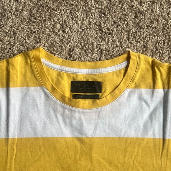 New SELECTED Yellow & White Striped Cotton T-Shirt - Size L (Unisex) - Picture 5 of 6